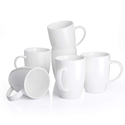 Panbado 6 TLG. Kaffeetassen aus Porzellan, Weiß Kaffeepott Set, 370 ml Große Tasse, 11 cm hoch, weiß Modernes Design, mit henkel für Heißgetränke, Spülmaschine & Mikrowelle geeignet von Panbado