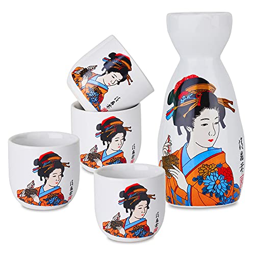 Panbado Japanisch Sake Set aus Steinzeug, 5-teilig, mit 1 Sake Flasche und 4 Sakebecher in Einer Geschenkverpackung von Panbado