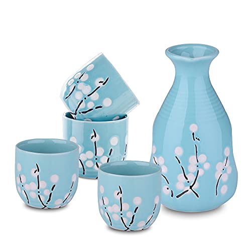 Panbado Porzellan Sake Set, Japanischer Stil, Beinhaltet 1 Sake Flasche 250 ml mit 4 Tassen 40 ml, Kirschblüte Muster, Blau von Panbado