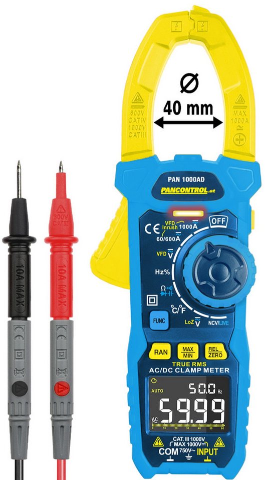 Pancontrol Strommessgerät PAN1000AD, Digital-Stromzange 1000A AC/DC True RMS ø = 35mm von Pancontrol
