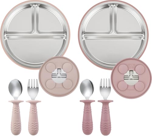 PandaEar 2er-Set Edelstahl Baby Teller mit Saugnapf & 2er-Set Babybesteck – Geteilte Kinderteller mit Löffel und Gabel, BPA-frei, Rutschfestes Baby Geschirrset für Beikosteinführung von PandaEar