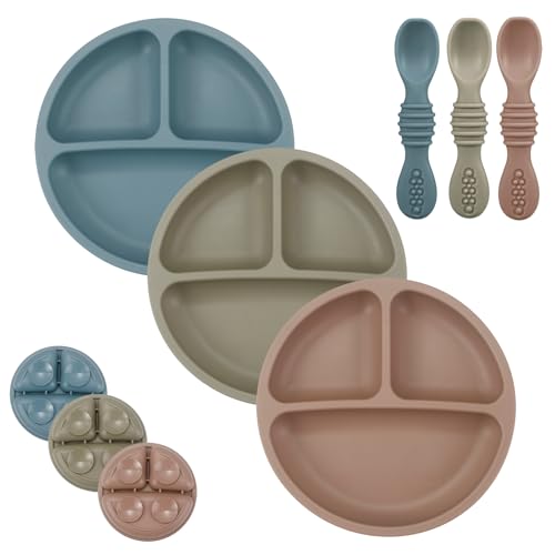 PandaEar 3 Stück Rutschfest Baby Teller mit Saugnäpf und 3 Baby Löffel, BPA-frei Unterteilt Kinderteller Set, Silikonteller Baby Saugnapf, Geteilte Esslernteller von PandaEar
