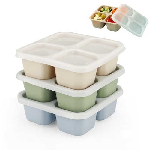 PandaEar 3 Stück Snackbox mit Fächern Kinder– Silikon Snack box mit Deckel für Kinder & Erwachsene – 4-geteilte Bento Snackdose Snackbehälter wiederverwendbar für Arbeit & unterwegs, bpa frei von PandaEar