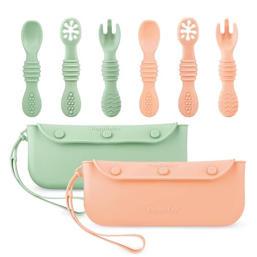 PandaEar 6 Stück Silikon Lernlöffel Baby Löffel Gabel Set Brei ab 4 Monaten Selber Essen with Storage Bag von PandaEar
