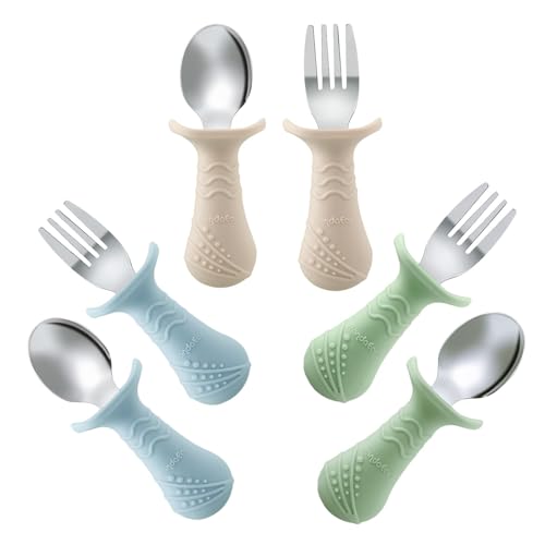 PandaEar 6 Stücke Kinderbesteck Esslernbesteck ab 1 jahr| Silikon Edelstahl Baby Besteckset Löffel Gabel mit Silikon Halten Anti-Choke Design, BPA Frei Lernbesteck von PandaEar