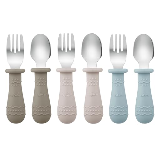 PandaEar 6 Stücke Kinderbesteck Esslernbesteck ab 1 jahr| Silikon Edelstahl Baby Besteckset Löffel Gabel mit Silikon Halten Anti-Choke Design, BPA Frei Lernbesteck (Leichte Bräune/Walnuss/Blau) von PandaEar