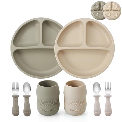 PandaEar Silikon Baby Fütterungsset | 2er Pack Silikon Geteilte Saugplatte und 2er Pack Kleine Tasse mit 2 Löffeln 2 Gabeln | Baby Led Weaning Zubehör Selbstfütterungsutensilien (Besteckset) von PandaEar