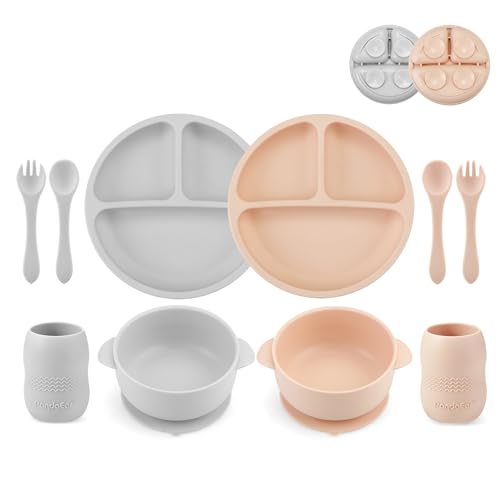 PandaEar Silikon Baby Geschirr Set mit Saugnapf| 2 Unterteilte Kinderteller + 2 Saugnäpfe Baby Breischale + 2 Baby Trinkbecher mit 2 Babylöffel 2 Gabel| Kindergeschirr Set, Baby Essen Set (Rosa Grau) von PandaEar