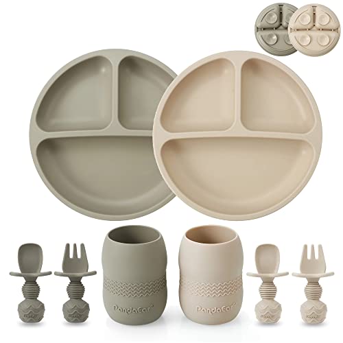 PandaEar Silikon Baby Geschirrset Kindergeschirr| 2 Kinder Baby Teller mit Saugnapf mit 2 Babylöffel 2 Gabeln und 2 Baby Becher Trinklernbecher ab 4 Monate| Esslernbesteck blw led Weaning Zubehör von PandaEar