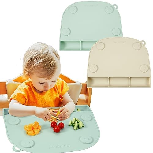 PandaEar Silikon-Tischsets mit Saugnapf für Babys, Kinder, Lebensmittelqualität, Kleinkinder, mit Taschen für den Esstisch und Restaurants, Grün/Braun, 2 Stück von PandaEar
