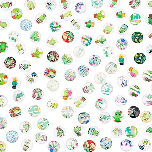 PandaHall 100 Stück 12mm Kaktus-Glas-Cabochons, 50 Stile Bedruckte Halbrunde Glascabochons Flatback Kuppel Cabochons Mosaikfliese für Fotoanhänger Schmuckherstellung von PH PandaHall