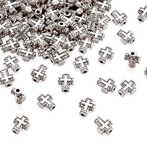 PandaHall 100 Stück tibetischer Stil Legierung Kreuz Perlen Antik Silber Metall Spacer lose Perlen 10 x 8 x 3 mm Gebetsperlen für Schmuckherstellung Handwerk Loch: 2 mm von PH PandaHall