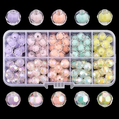 PandaHall 120 runde Acrylperlen 10 Stile 9.5 mm Facettierte Abstandsperlen 5 ab-Farben Transparente Lose Perlen Bastelperlen Für Haargeflechte Telefon Lanyard Handschlaufe Schmuckherstellung von PH PandaHall