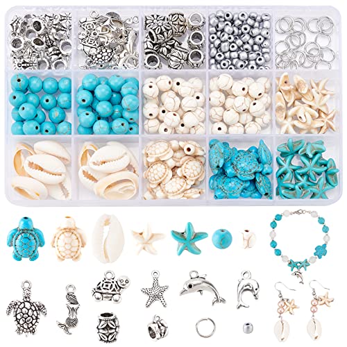 PH PandaHall 292PCS Ocean Schmuckherstellungsset, Blau-Weiß Schildkröten Perlen Mit Loch Zwischenperlen Meerjungfrau Delphin Seestern Legierungs Meer Anhängern Für DIY Halsketten Fußkettchen Bastel von PH PandaHall