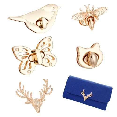 PandaHall 5 Sets Taschenverschluss Metalltasche Schloss Tier Twist Lock Light Gold Tuck Lock Tasche Verschluss Honeybee/Katze/Vogel/Hirsch/Schmetterling Lock Kupplung Handtaschen Verschluss für Tasche von PH PandaHall