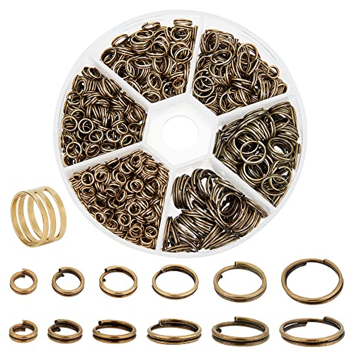 PandaHall Eisen Split Ringe, 1-Box 6-Größen Doppel Loop Jump Ring Kleine Split Schlüsselringe Stecker mit einem Jump Ring Opener Werkzeug für DIY Schmuck Herstellung Antike Bronze,Durchmesser: 4-10 mm von PH PandaHall