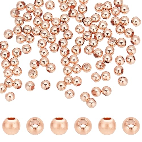 PandaHall Elite 100 Stück Runde Zwischenperlen aus Messing, Rose Gold Perlen Nahtlose Glatte Lose Perlen Bastelmaterial für den Sommer Halsketten, Armbänder, Ohrringherstellung, 3mm von PandaHall