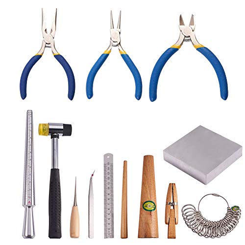 PandaHall Elite 12 Stück Schmuck machen Werkzeuge, Hammer/Amboss/Ring Clamp/Lineal/Stick/Sizer/Ahlen/Pinzetten/Side-Cutting Zange/Nase Zange für Schmuck machen von PH PandaHall