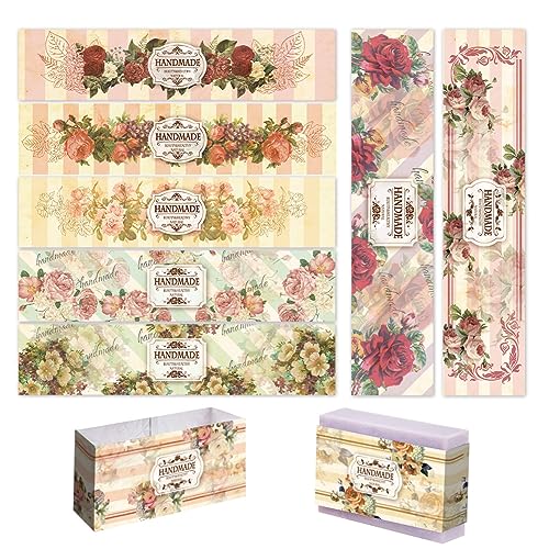 PH PandaHall 90 Stück Retro Wrap Paper Tape 9 Stil Vintage Band Etikett Blume Papier Tag Wrapper Hülsen Abdeckungen Vertikale Tags für handgemachte Seife Lotion Bars Bad, 21x5cm von PH PandaHall