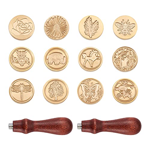 PandaHall Wachssiegel-Stempel-Set mit 12 Stück 25 mm Blumen und Tier, abnehmbarer Siegelstempel aus Messing und 2 Holzgriffen, für kreative Geschenkumschläge, Einladungen, Hochzeitskarten, Dekoration von PH PandaHall