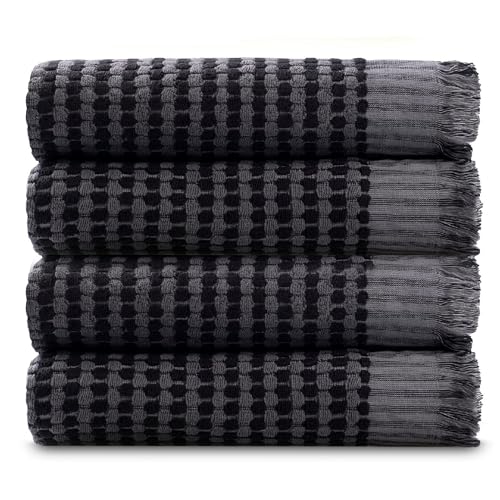 PandaHome Handtuch Set aus Baumwolle - 4 Badetücher - 100% Baumwolle Towel, Hotel und Spa-Qualität, Schnelltrocknend Weich Saugstark 600 g/m² (Grau-Shwarz) von PandaHome