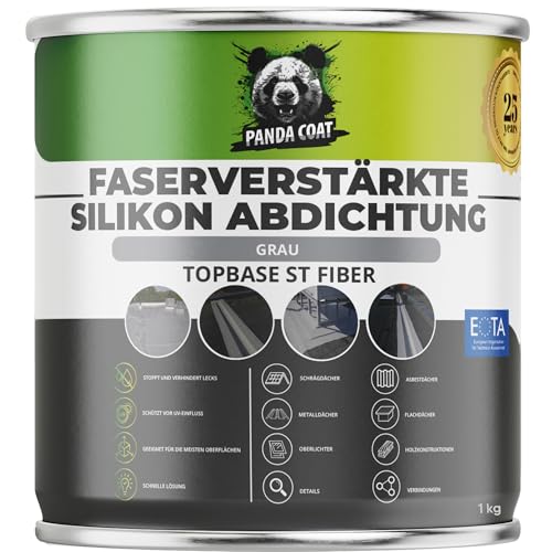 PandaCoat TopBase ST Fiber Grau (1 kg) – Flüssigkunststoff Dichtmittel für Dachfläche mit Glasfasern – Dachflächen, Schornsteine, Wohnwagen, Betonplatten, Flächendichtung, Wasserdicht & UV-beständig von Pandacoat