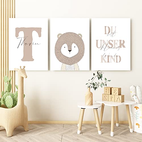 Pandawal Bilder Kinderzimmer Babyzimmer Waldtiere Deko Poster 3er Set mit Name Tiere für Kinder Junge I Mädchen personalisierbar von Pandawal