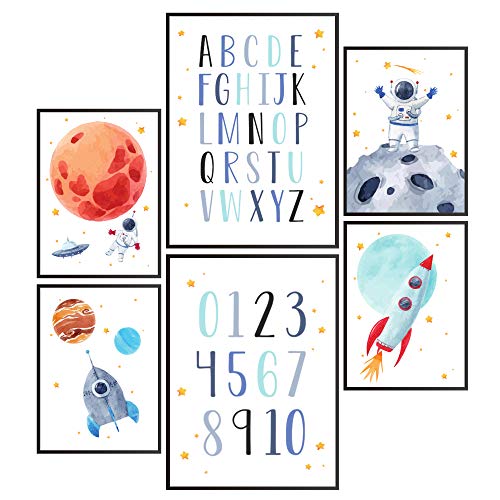 Pandawal Kinderzimmer Bilder Astronaut ABC Poster Deko Wandbilder 6er Set für Kinder Weltraum DIN A4 & A3 Wanddeko ohne Bilderrahmen von Pandawal