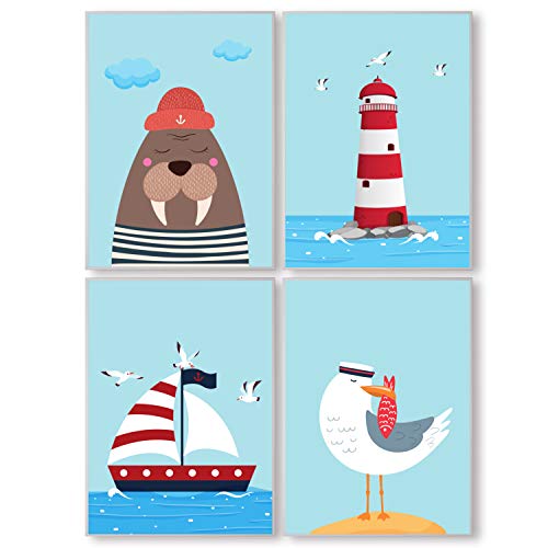 Pandawal Kinderzimmer Deko Bilder für Junge und Mädchen Maritim Segeln, Möwen 4er Poster Set (S6) Kinderposter im DIN a4 Format von WK