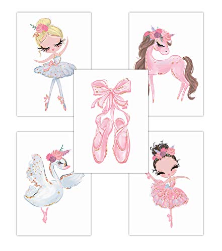 Pandawal Kinderzimmer deko Mädchen Wandbilder Ballerina Schwan/Pferd Rosa Bilder 5er Poster Set (T7) im DIN A4 Format von Pandawal