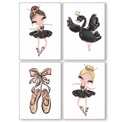 Pandawal Kinderzimmer deko Mädchen Wandbilder Ballerina mit Krone/Schwan Schwarz Gold Bilder 4er Poster Set (T8) im DIN A4 Format… von Pandawal