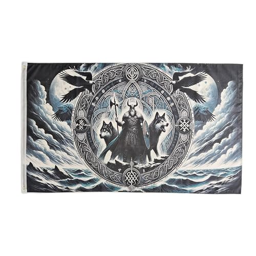 Dekoratives Hofflagge, Motiv: nordische Wikinger-Runen mit zwei Wölfen, Willkommensflagge für Hof, Rasen, hängende Dekoration, 90 x 150 cm von Pandiui23