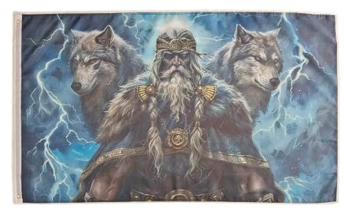 Pandiui23 Dekorative Hausflagge für den Hof, nordischer Wikinger-Runen-Aufdruck „Zwei Wölfe, Willkommen“, Hofflagge zum Aufhängen, Rasendekoration, 90 x 150 cm von Pandiui23