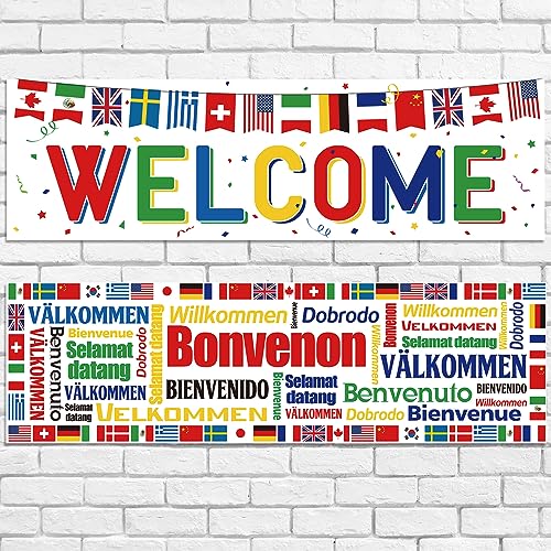 Panelee 2 Stück International Welcome Banner 35 x 110 cm Flaggenkette Willkommen Hintergrund Banner National Flaggen Willkommen aus Polyester für Welt Sport Veranstaltung Club Schule (Weiß) von Panelee