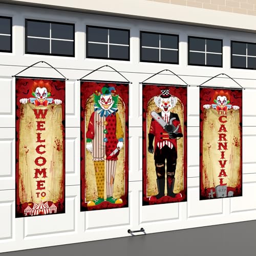 Panelee 4 Stück Vintage Halloween Karneval Dekorationen Böser Zirkus Karneval Veranda Banner gruseliger Clown Veranda Schild Hintergrund Halloween Garagentor Dekoration für drinnen und draußen Panelee 4 Stück Vintage Halloween Karneval Dekorationen Böser Zirkus Karneval Veranda Banner gruseliger Clown Veranda Schild Hintergrund Halloween Garagentor Dekoration für drinnen und draußen von Panelee
