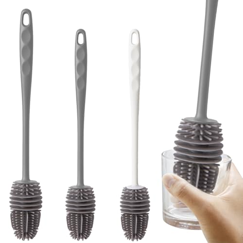3er Set Flaschenbürste Silikon, Effiziente Flaschenreiniger für Enge Öffnungen, Lang 28 cm 32 cm mit Hygienischen Silikonborsten Grau Weiß von PangWuu