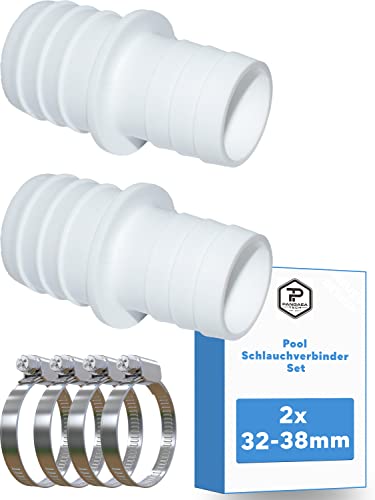 Pangaea Tech Kunststoff, 2X Schlauchverbinder 32mm auf 38mm Ø Set mit Schlauchschellen - Pool-Schlauchadapter - Doppelschlauchtülle 2er Pack von Pangaea Tech