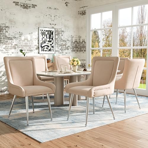 Esszimmerstuhl Set mit hochwertigem Samt, ergonomisches Design, verstellbare Silberne Metallbeine, komfortable Polsterung, für Wohnzimmer, Büro oder Esszimmer, 6 Stück, Beige Esszimmerstuhl Set mit hochwertigem Samt, ergonomisches Design, verstellbare Silberne Metallbeine, komfortable Polsterung, für Wohnzimmer, Büro oder Esszimmer, 6 Stück, Beige von Pangshiyuan