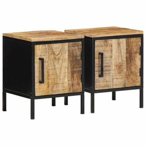 Nachttisch 2er Set aus Massivholz Mango mit Stauraum, Industriestil Design, Rustikale Beistelltische für Schlafzimmer, Braun & Schwarz, 30W x 30D x 40H cm von Pangshiyuan