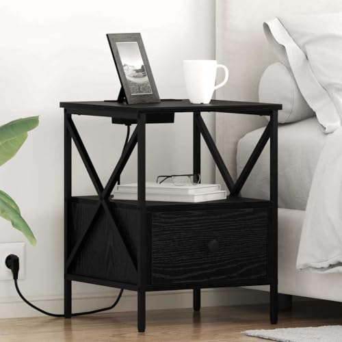 Nachttisch aus Schwarzer Eiche mit Schublade und Regal, Moderner Beistelltisch mit Strukturierter Oberfläche und Stahlbeinen, Praktischer Nachtisch für Schlafzimmer, 41.5W x 40.5D x 55H cm Nachttisch aus Schwarzer Eiche mit Schublade und Regal, Moderner Beistelltisch mit Strukturierter Oberfläche und Stahlbeinen, Praktischer Nachtisch für Schlafzimmer, 41.5W x 40.5D x 55H cm von Pangshiyuan
