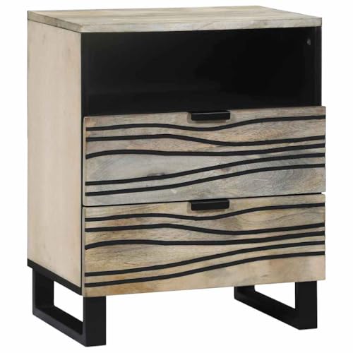 Nachttisch aus massivem Mangoholz mit 2 Schubladen und Regal, Weiß & Schwarz, modernes Design mit welliger Oberfläche, praktischer Stauraum, ideal für Schlafzimmer, 50W x 33D x 60H cm von Pangshiyuan
