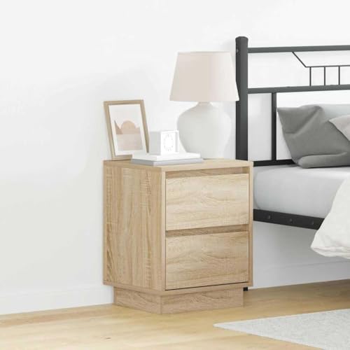 Nachttisch mit LED-Beleuchtung und 2 Schubladen, Moderner Nachtschrank in Sonoma Eiche Optik, Schlafzimmermöbel mit sanft schließenden Schubladen, Blauer LED-Streifen, Beige 39W x 34.5D x 50H cm von Pangshiyuan