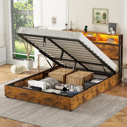 Pangshiyuan 140 cm Flachbett mit hydraulischem Hebemechanismus, farbwechselnder LED-Umgebungsbeleuchtung, 24-Tasten-Fernbedienung, Stauraum im Bettkasten, braun Pangshiyuan 140 cm Flachbett mit hydraulischem Hebemechanismus, farbwechselnder LED-Umgebungsbeleuchtung, 24-Tasten-Fernbedienung, Stauraum im Bettkasten, braun von Pangshiyuan