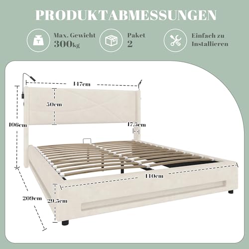Pangshiyuan 140 x 200 cm Bettgestell im modernen Design mit 2 Leselichtern, LED-Lichtleisten, hydraulischem Stauraum, Stabiler Lattenrostkonstruktion, USB-Anschlüssen, Beige Pangshiyuan 140 x 200 cm Bettgestell im modernen Design mit 2 Leselichtern, LED-Lichtleisten, hydraulischem Stauraum, Stabiler Lattenrostkonstruktion, USB-Anschlüssen, Beige von Pangshiyuan