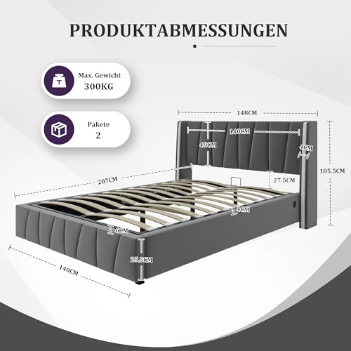 Pangshiyuan 140 x 200 cm Moderner Bettrahmen mit Samtpolsterung, USB-Anschlüssen, Silikon-Lichtleisten, Hydrauliksystem und extra Stauraum im Sockel, Grau Pangshiyuan 140 x 200 cm Moderner Bettrahmen mit Samtpolsterung, USB-Anschlüssen, Silikon-Lichtleisten, Hydrauliksystem und extra Stauraum im Sockel, Grau von Pangshiyuan