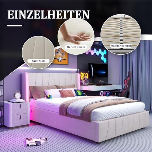 Pangshiyuan 140 x 200cm Moderner Bettrahmen mit Samtpolsterung, USB-Anschlüssen, Silikon-Lichtleisten, Hydrauliksystem und extra Stauraum im Sockel, Beige Pangshiyuan 140 x 200cm Moderner Bettrahmen mit Samtpolsterung, USB-Anschlüssen, Silikon-Lichtleisten, Hydrauliksystem und extra Stauraum im Sockel, Beige von Pangshiyuan