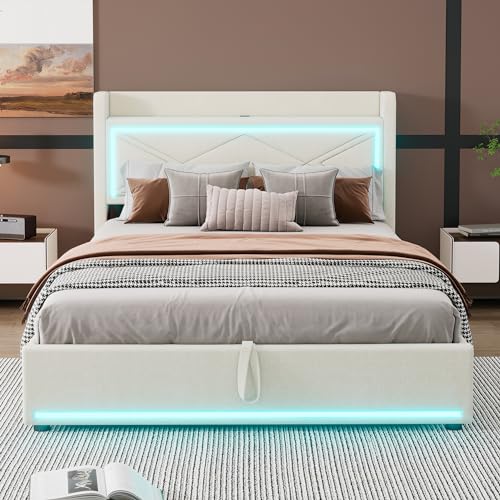 Pangshiyuan 160 cm Flaches Bett mit Ambientelicht, App verstellbar, hydraulischer Hebemechanismus, USB-Anschluss, großer Stauraum, Beige von Pangshiyuan