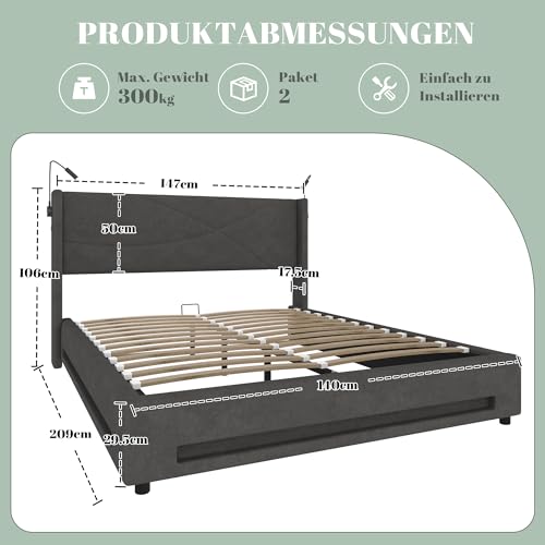 Pangshiyuan 160 x 200 cm Bettgestell im modernen Design mit 2 Leselichtern, LED-Lichtleisten, hydraulischem Stauraum, Stabiler Lattenrostkonstruktion, USB-Anschlüssen, Grau Pangshiyuan 160 x 200 cm Bettgestell im modernen Design mit 2 Leselichtern, LED-Lichtleisten, hydraulischem Stauraum, Stabiler Lattenrostkonstruktion, USB-Anschlüssen, Grau von Pangshiyuan