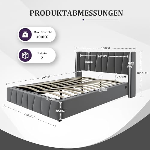 Pangshiyuan 160 x 200 cm Bettgestell mit Samtpolsterung, USB-Anschlüssen, Silikon-Lichtleisten-Design, Hydrauliksystem und extra Stauraum im Sockel, Grau Pangshiyuan 160 x 200 cm Bettgestell mit Samtpolsterung, USB-Anschlüssen, Silikon-Lichtleisten-Design, Hydrauliksystem und extra Stauraum im Sockel, Grau von Pangshiyuan