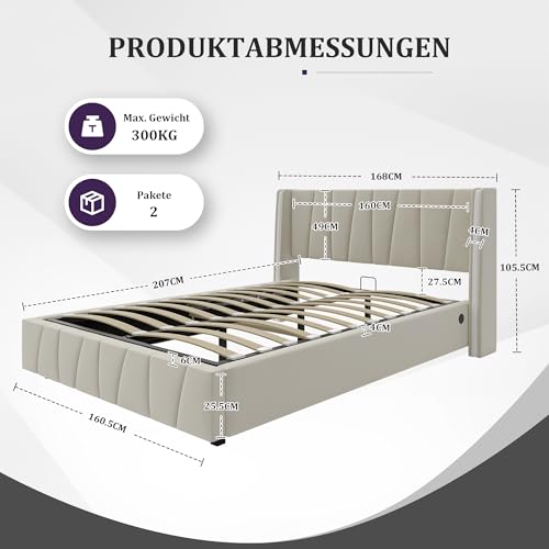 Pangshiyuan 160 x 200 cm Moderner Bettrahmen mit Samtpolsterung, USB-Anschlüssen, Silikon-Lichtleisten, Hydrauliksystem und extra Stauraum im Sockel, Beige Pangshiyuan 160 x 200 cm Moderner Bettrahmen mit Samtpolsterung, USB-Anschlüssen, Silikon-Lichtleisten, Hydrauliksystem und extra Stauraum im Sockel, Beige von Pangshiyuan